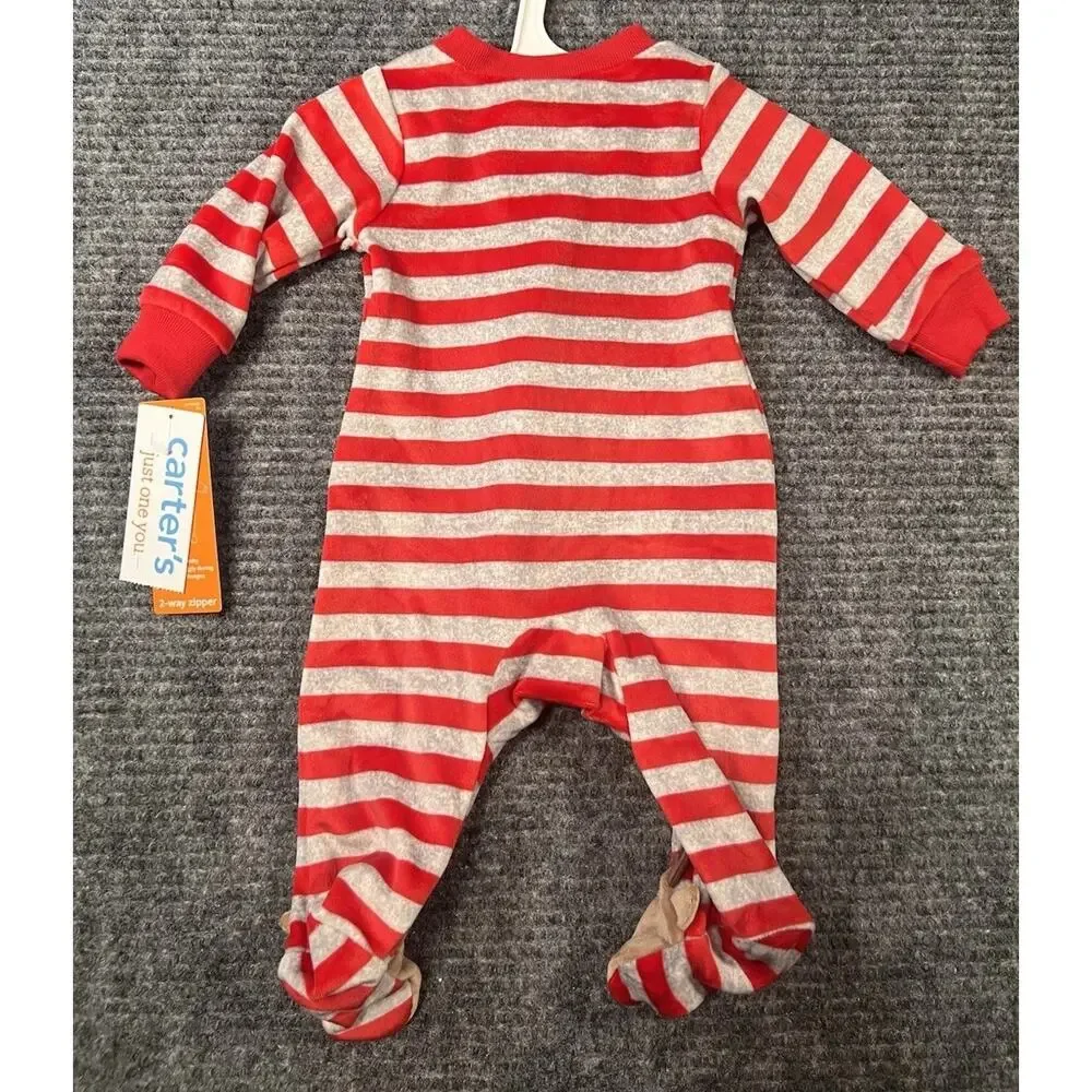 Carter's 6M Red/Gray Fleece Footed Reindeer One-Piece Sleeper 2-Way Zip